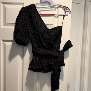 Nine West Black Striped One-Shoulder Blouse